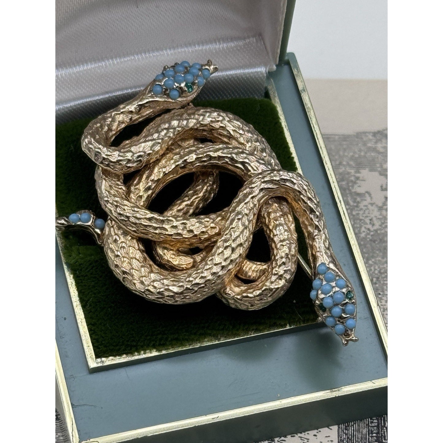 Les Bernard Snake Brooch Goldtone Serpent Blue Cabochon 2” Signed Inc Vintage