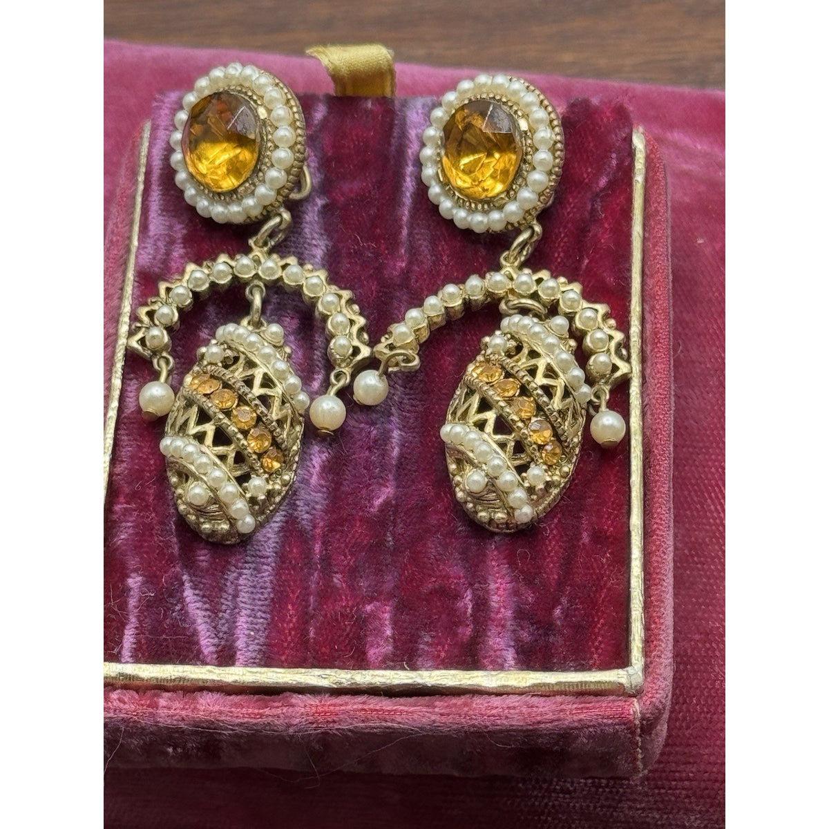 Vintage Clip-On Earrings Faux Pearl Amber Rhinestone Dangle Goldtone 2.5”