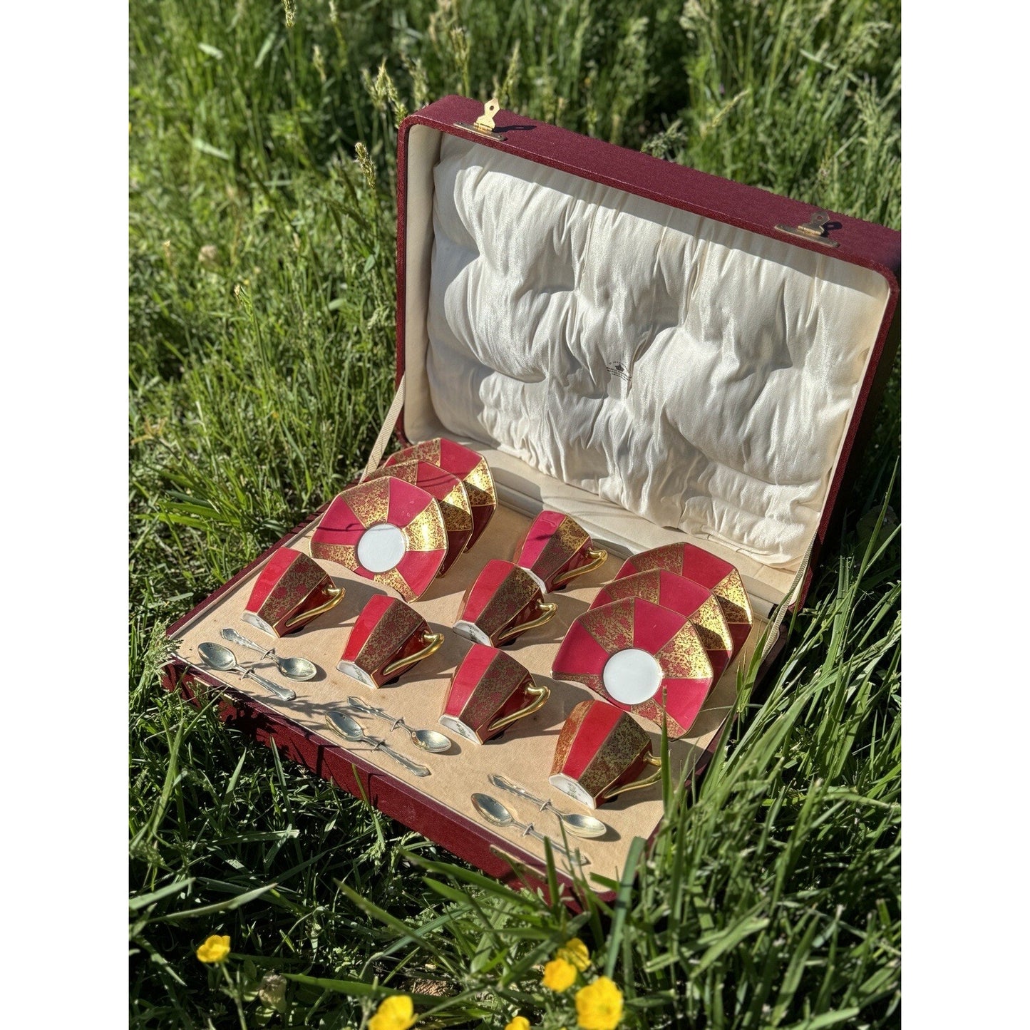 ART DECO Picnic Boxed GIFT Tea Set Sterling Spoons Mappin & Webb & Royal Doulton
