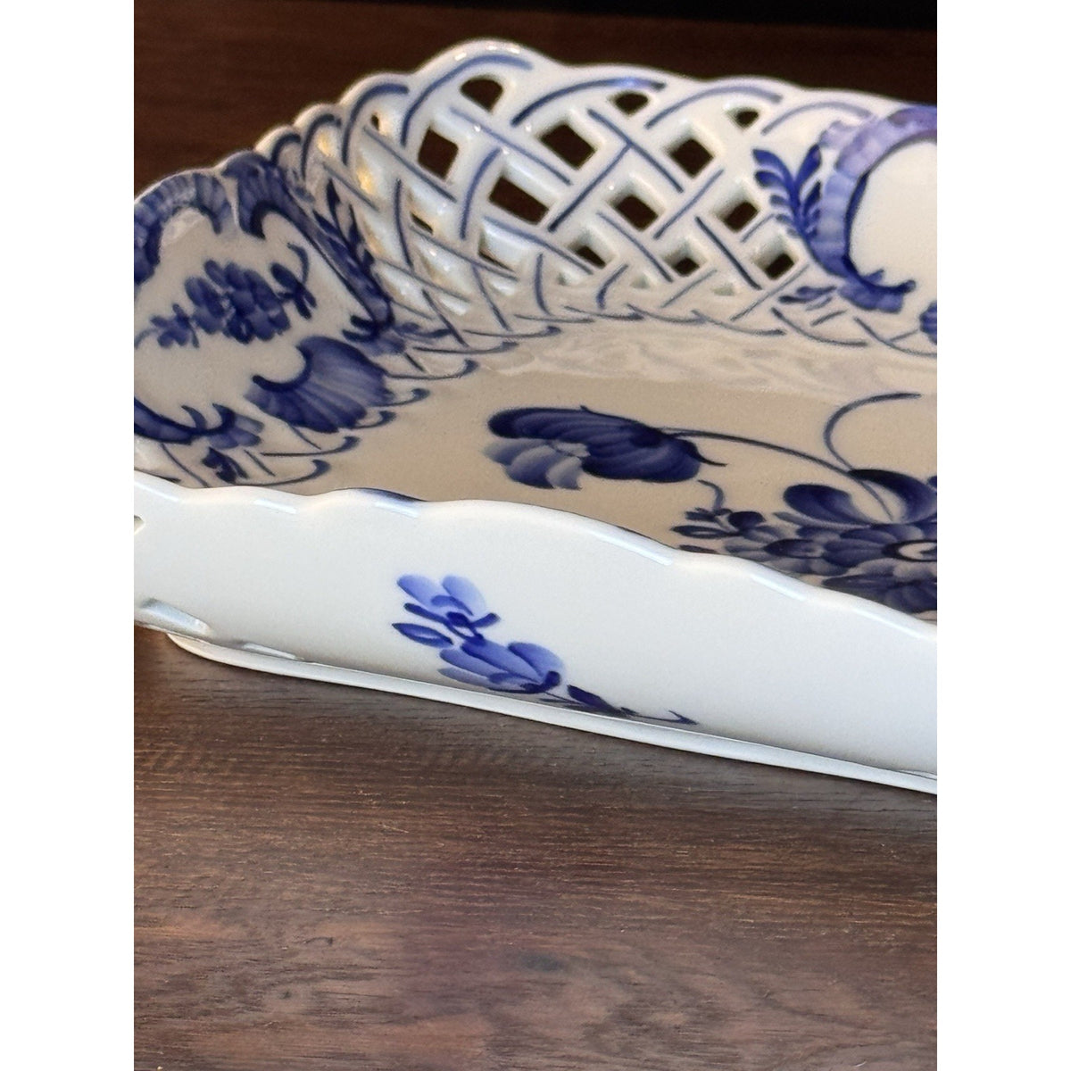 Royal Copenhagen Porcelain Reticulated Blue White Square Bowl 9.25” VINTAGE