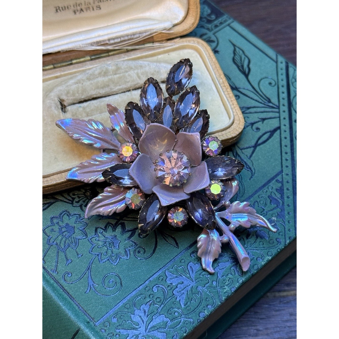 Vintage Lilac Enamel Floral Spray Brooch Smoky Lavender Rhinestones 3”
