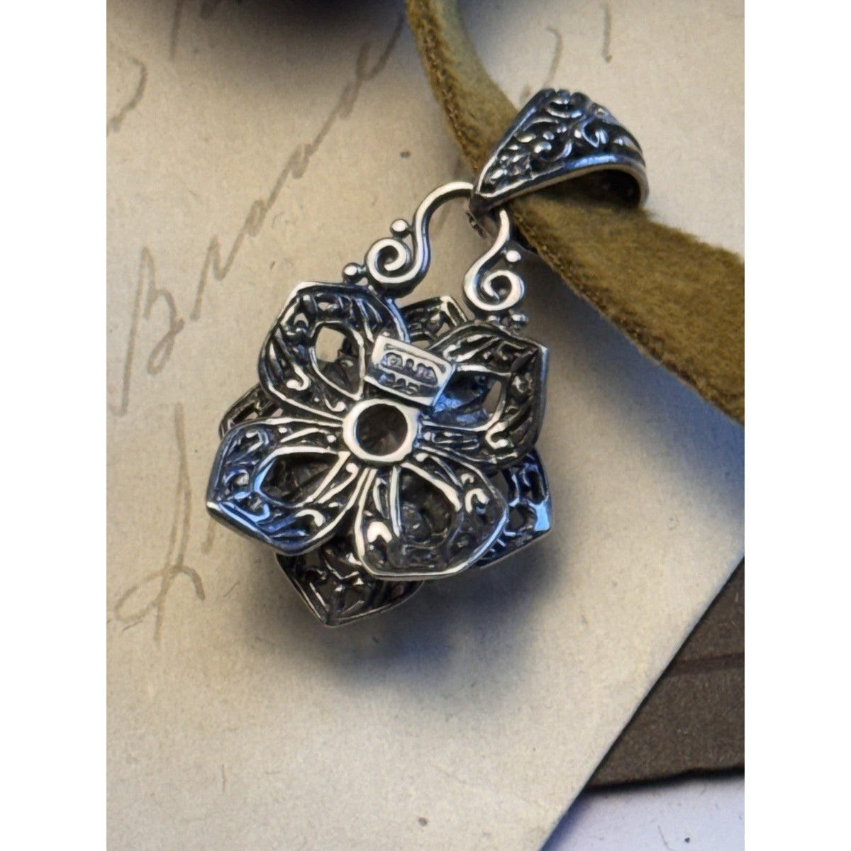 SARDA Sterling Silver 925 Floral Pendant Clear Faceted Stone Velvet Ribbon 1.5”
