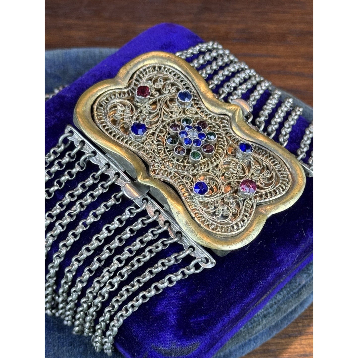 Vintage Trachten Choker Necklace 12 Strand Rhinestone Filigree Brass 13”