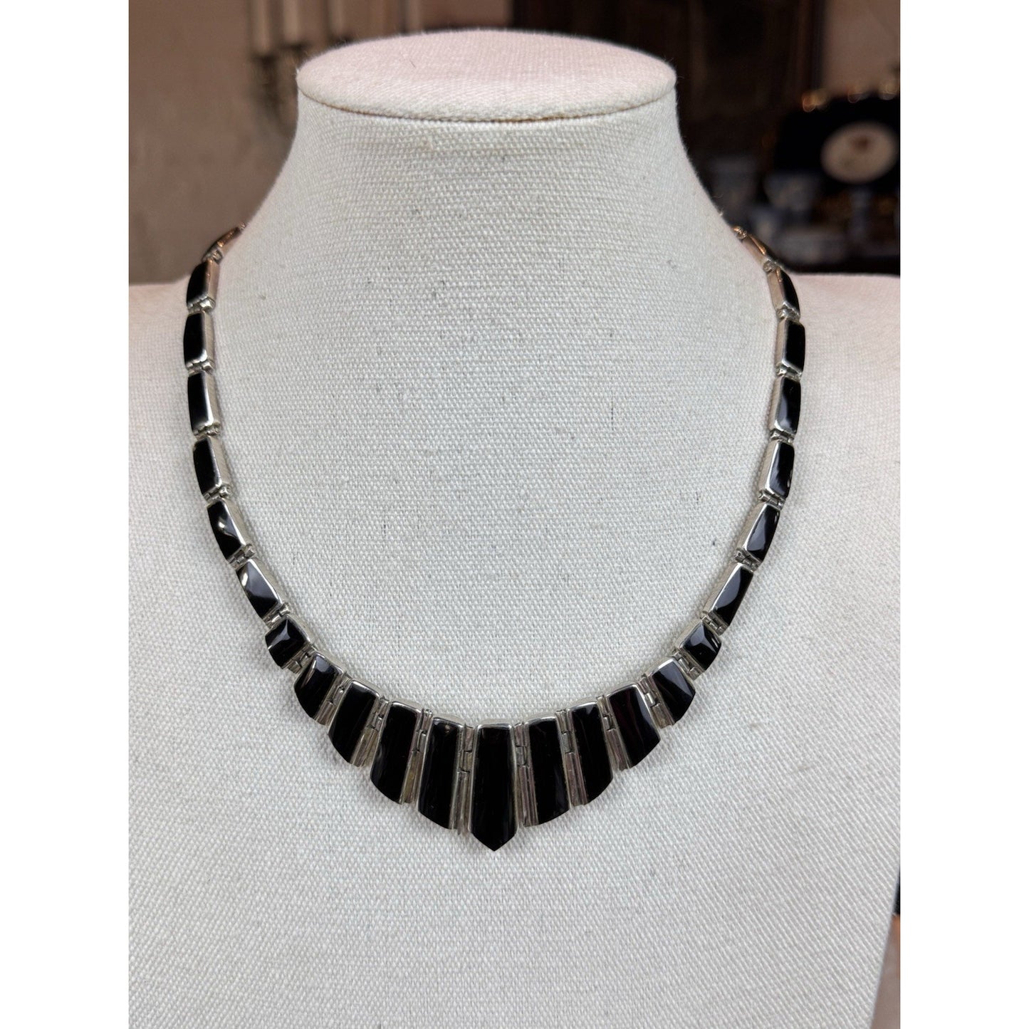 Vintage 950 Silver Necklace Taxco Mexico TD-107 Black Onyx Modernist 18”