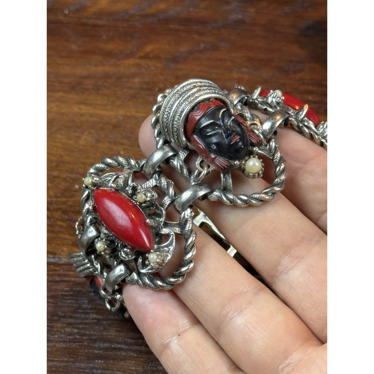 Vintage Selro Selini Bracelet Asian Princess Red Cabochon Faux Pearl 6”