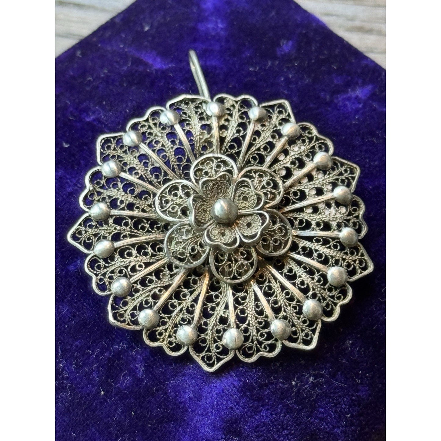 Vintage Silver Filigree Flower Pendant Tested Silver 1.75” Statement Jewelry