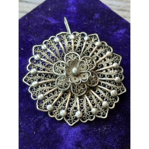 Vintage Silver Filigree Flower Pendant Tested Silver 1.75” Statement Jewelry