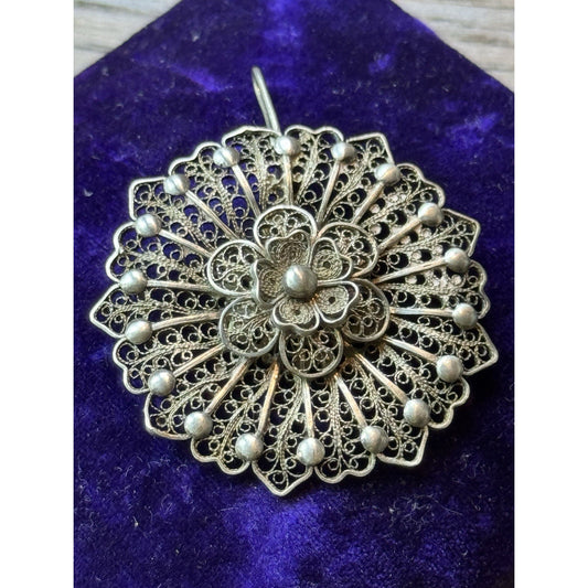 Vintage Silver Filigree Flower Pendant Tested Silver 1.75” Statement Jewelry