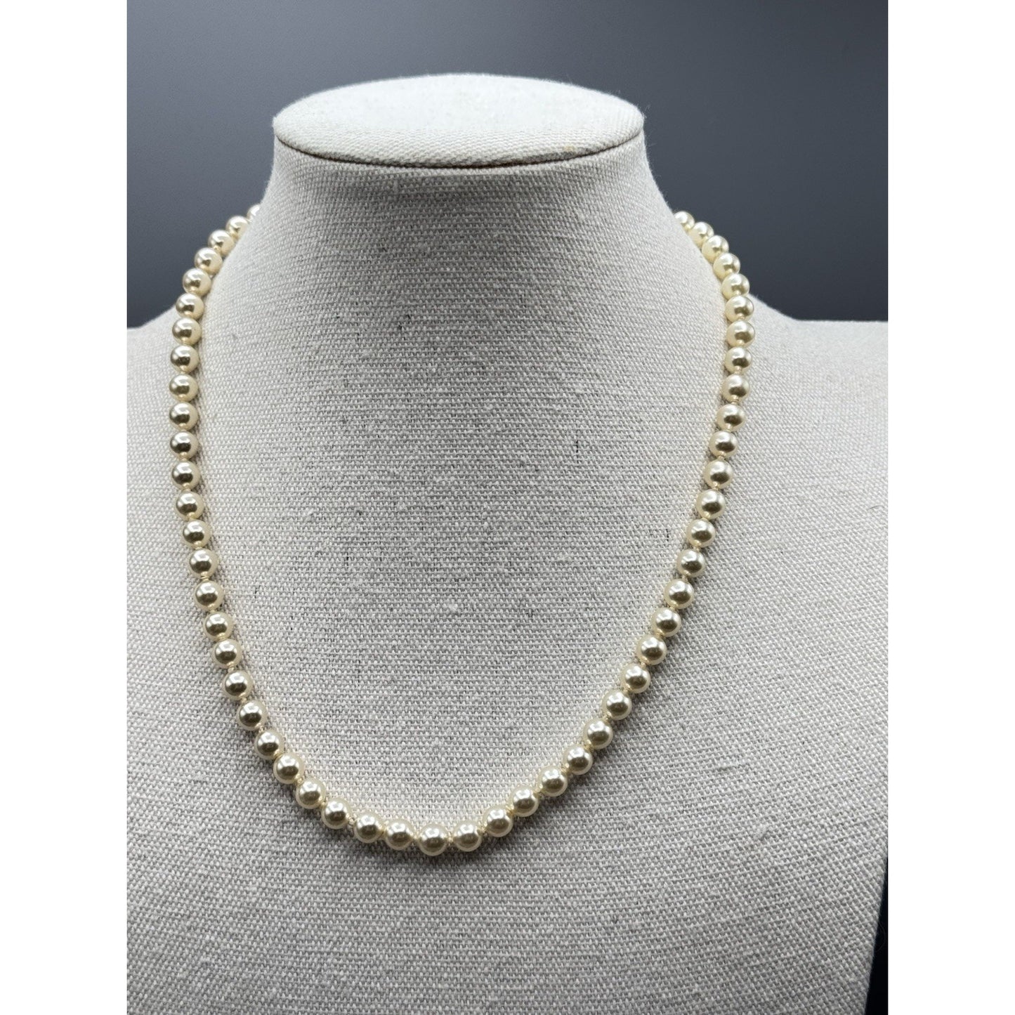 Vintage Faux Pearl Necklace Knotted 18.5” Gold Tone Rhinestone Clasp Bridal