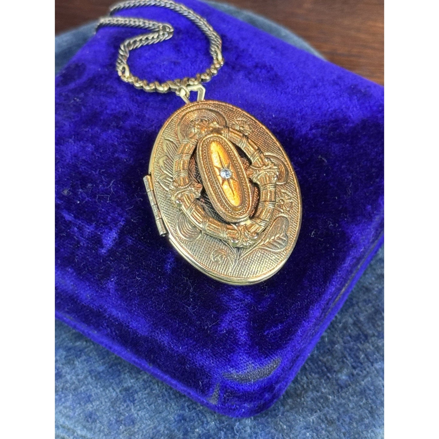 Vintage Goldtone Locket Necklace Rhinestone Floral Victorian Revival 23.5”
