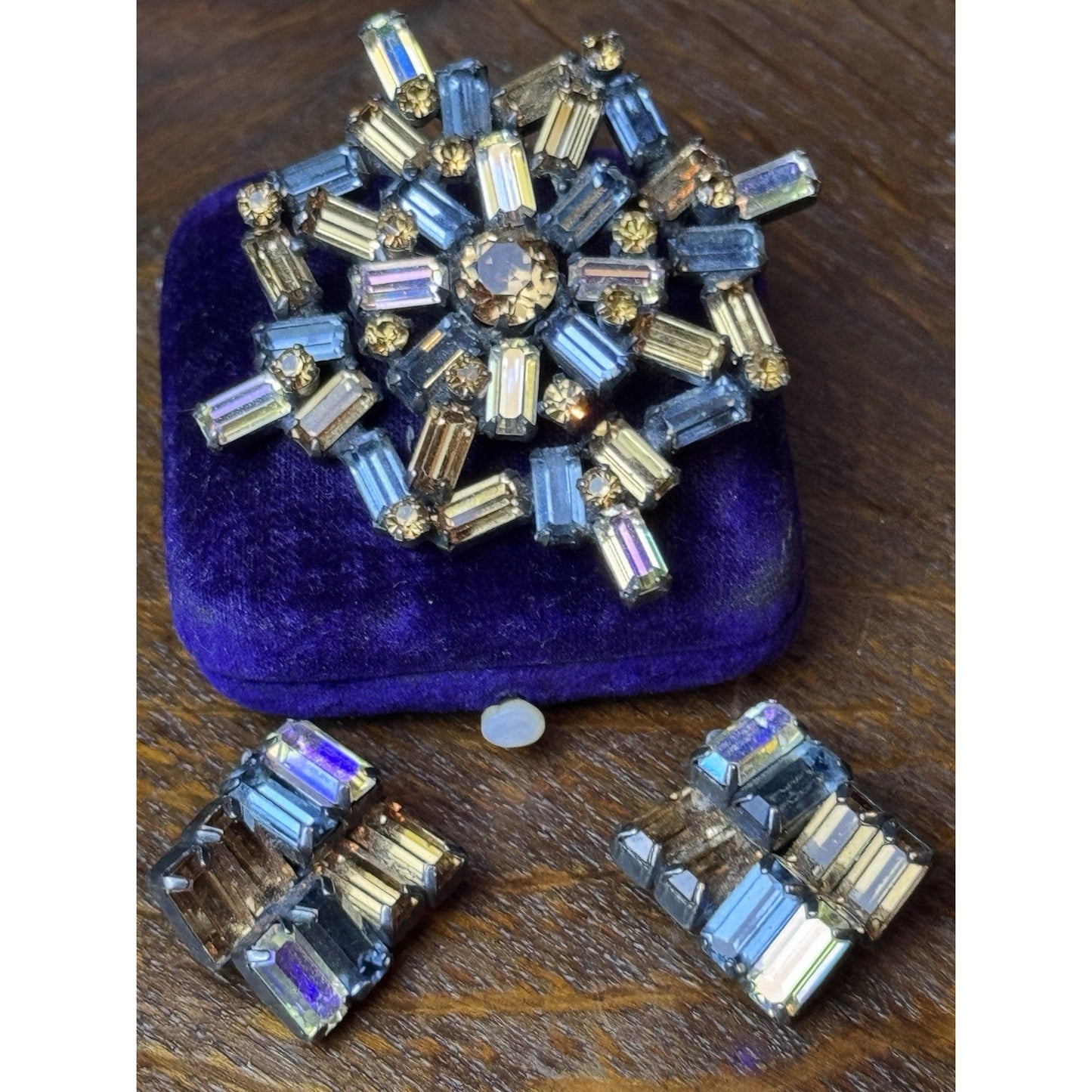 Signed Weiss Blue Bronze AB Rhinestone Demi Parure