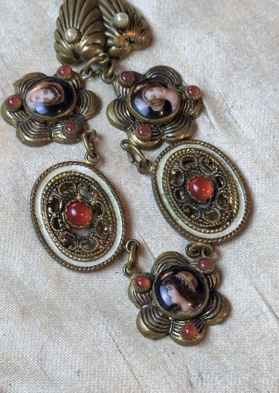Victorian Revival Brass Necklace Portrait Links Coral Orange Glass Beads 16”