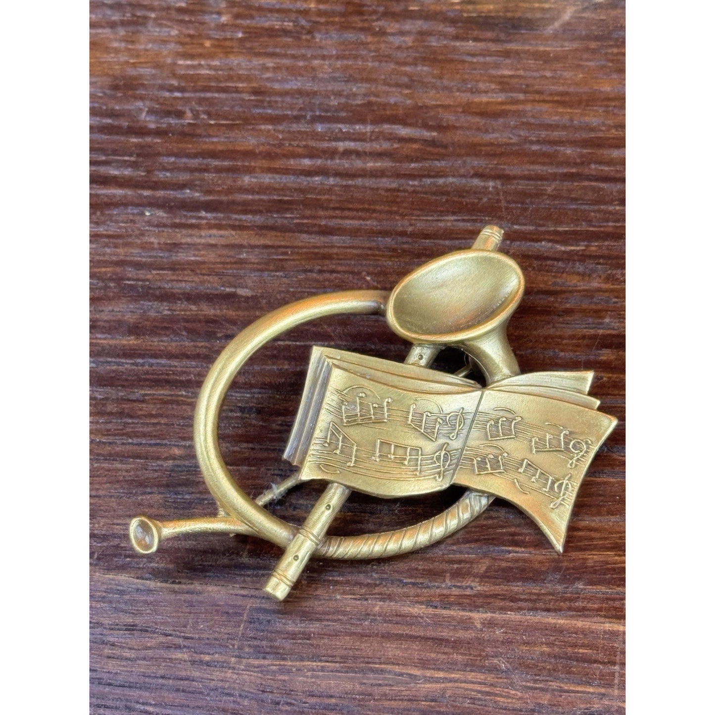 Vintage Brooch Goldtone French Horn Sheet Music Signed Old Salem 2”