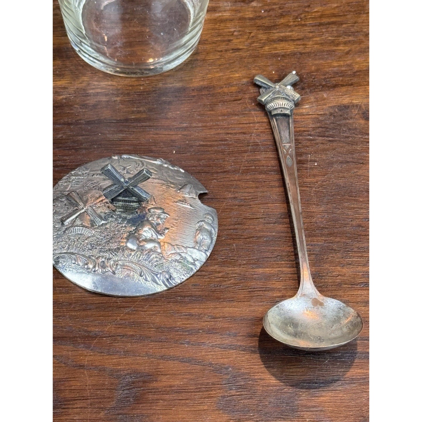 Vintage Dutch Windmill Silverplate Glass Confiture Jam Jar Matching Spoon