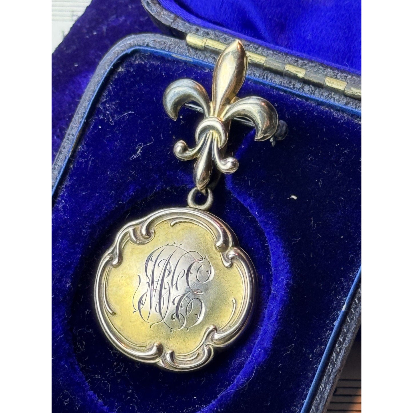 Antique Gold-Filled Locket Fleur De Lys Brooch Pin Monogram Photo 1”