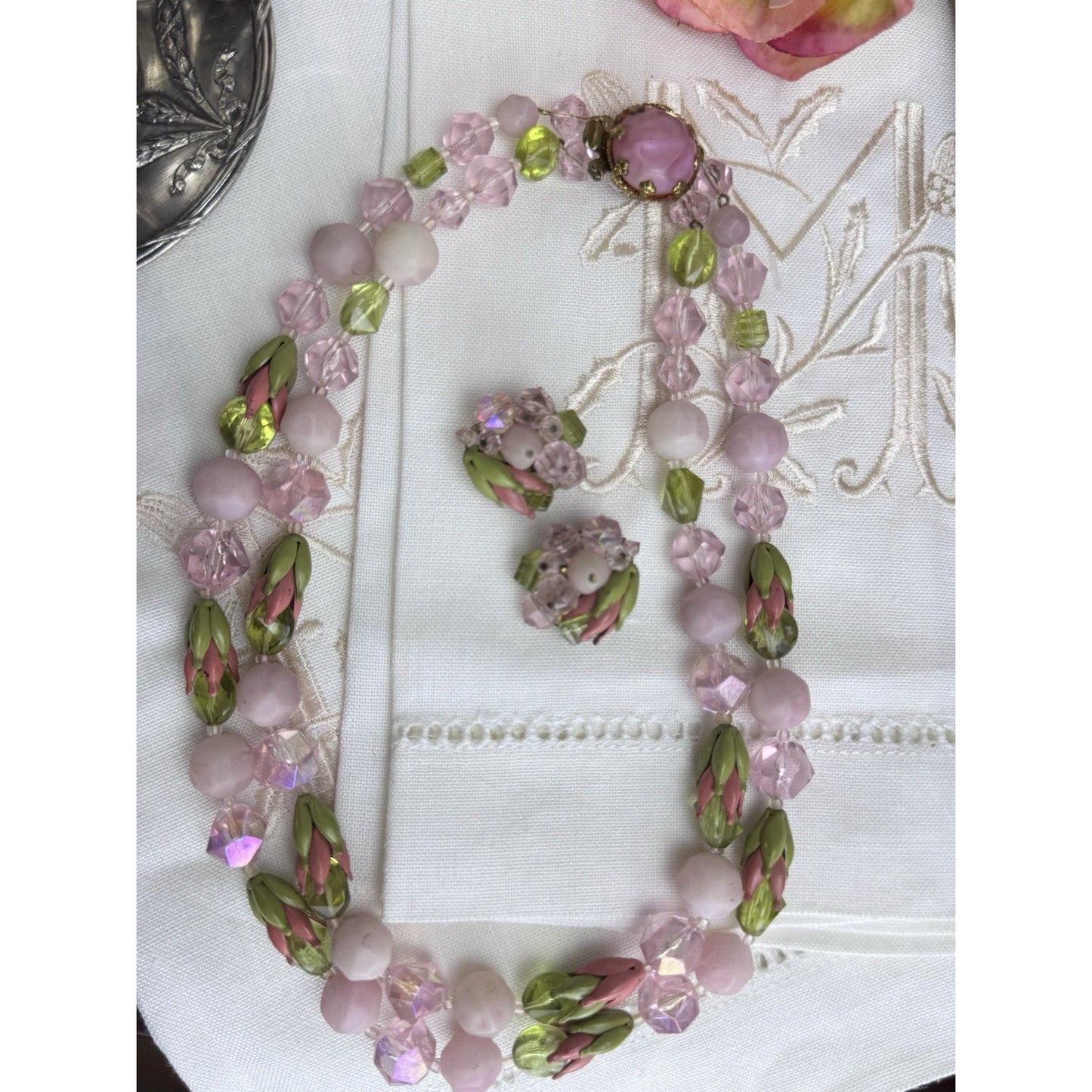 Vintage Pink Green Glass Bead Necklace Clip Earrings Set
