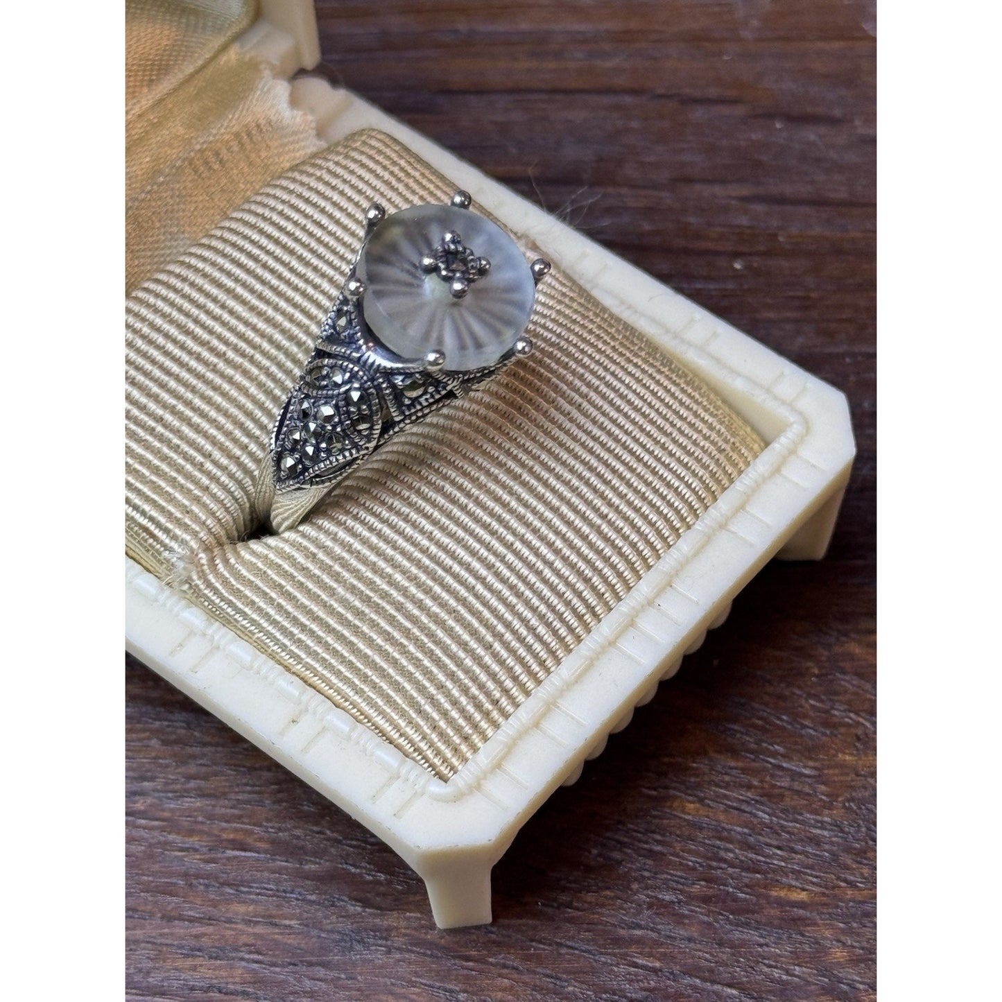 Sterling Silver Camphor Glass Marcasite Ring Size 6.75 Art Deco Style