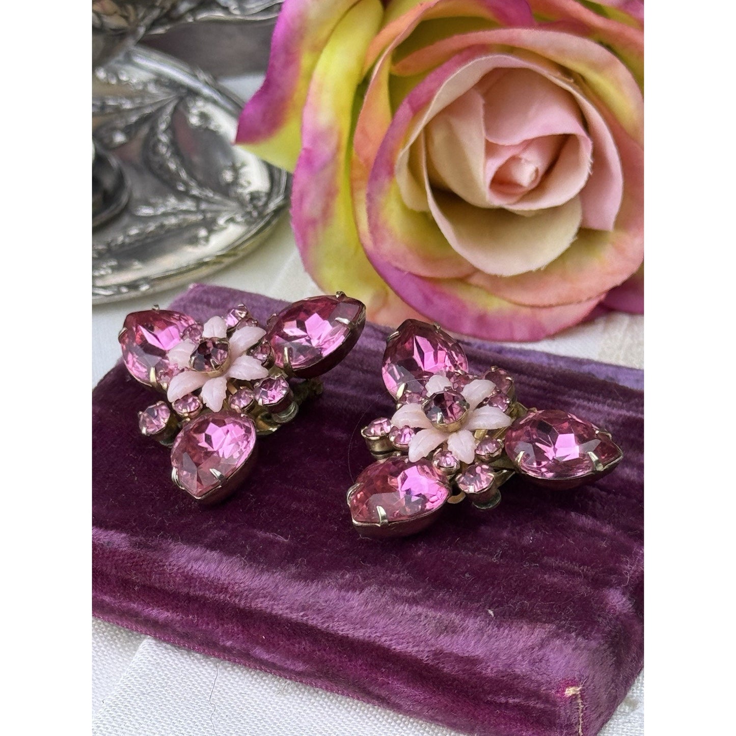 Vintage Earrings Pink Rhinestone & Molded Glass Floral Clip-On