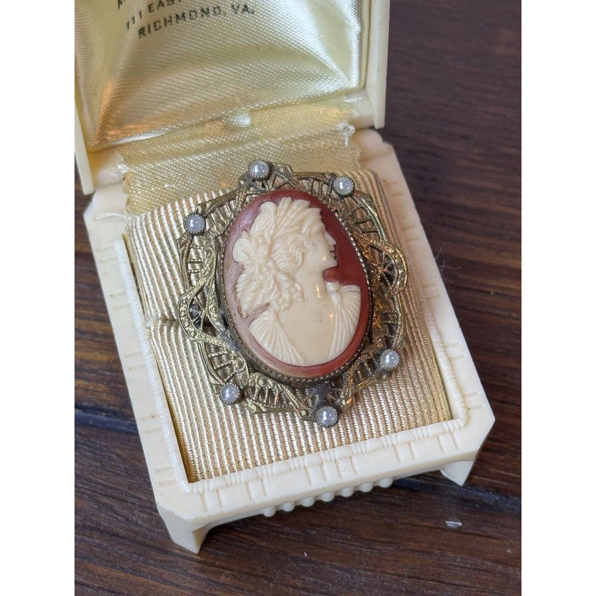Vintage Faux Cameo Brooch Pendant Faux Pearl Filigree Frame Antique Style 1.875”