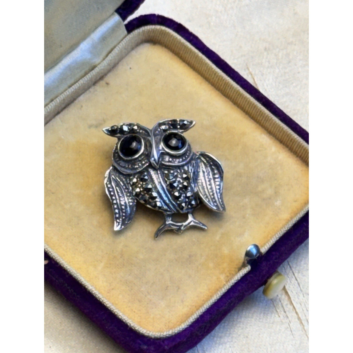 Owl Brooch Sterling Silver Marcasite Black Onyx Eyes Detailed Bird Pin 1”