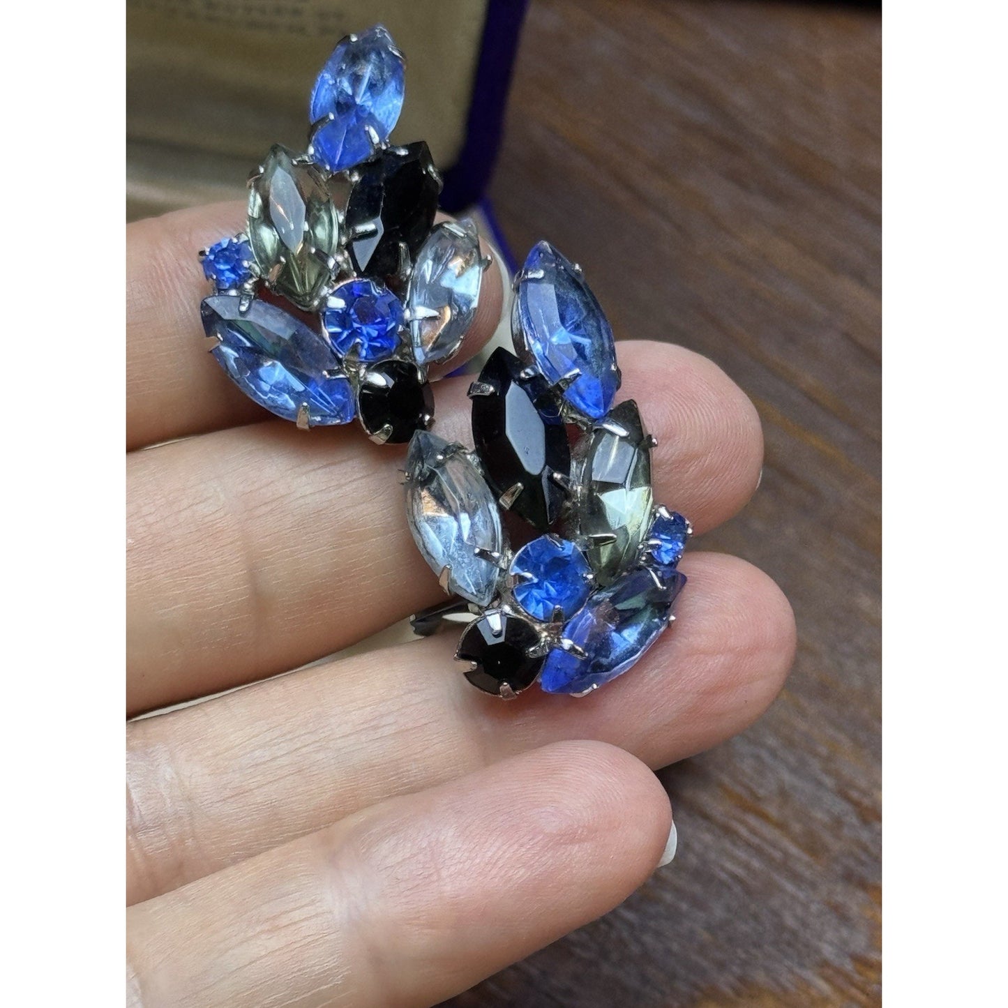 Vintage Earrings Blue Rhinestone Clip On Black Light Blue Navette Silvertone