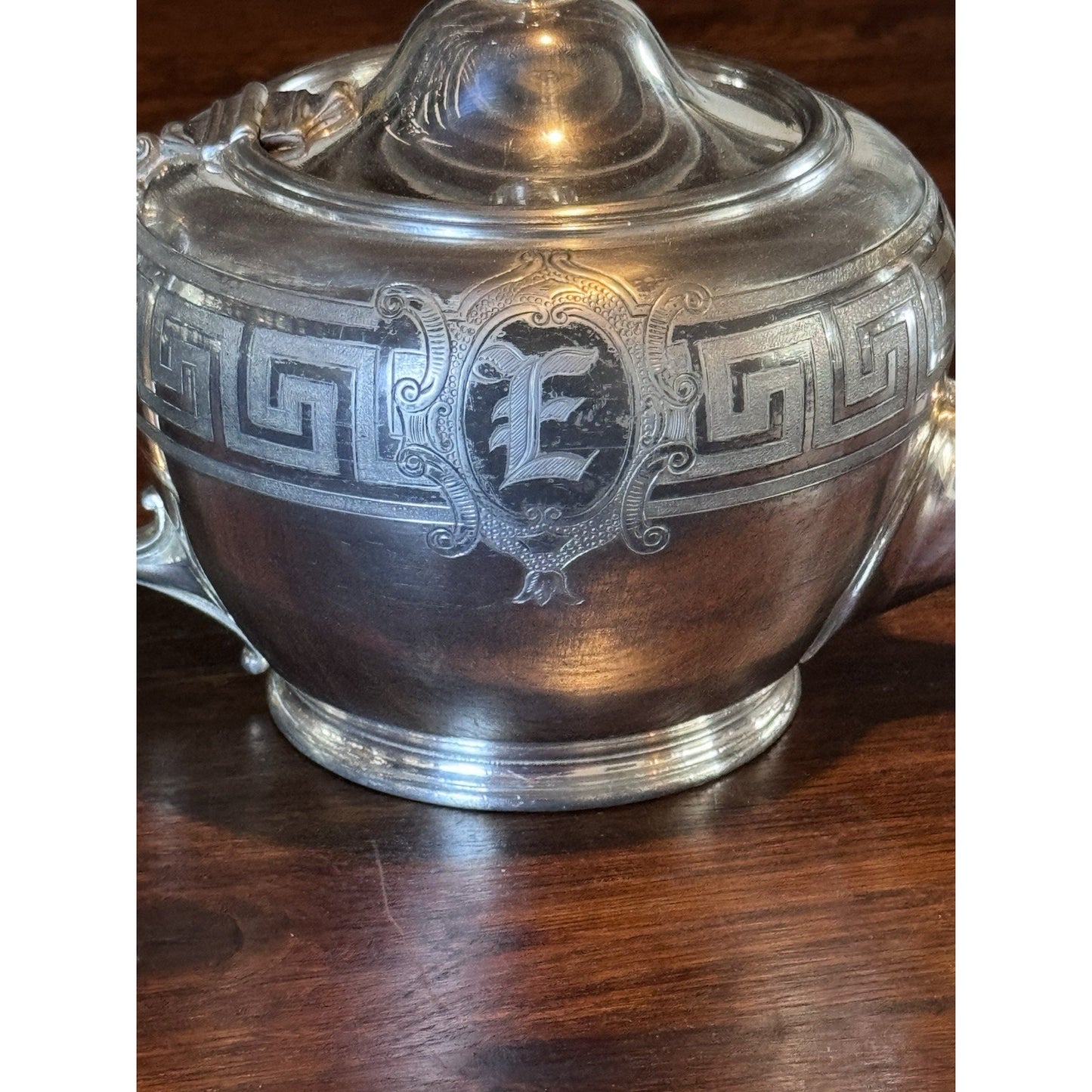 Silverplate Teapot Reed & Barton Greek Key Monogram E Vintage Tea Pot 10” Shabby