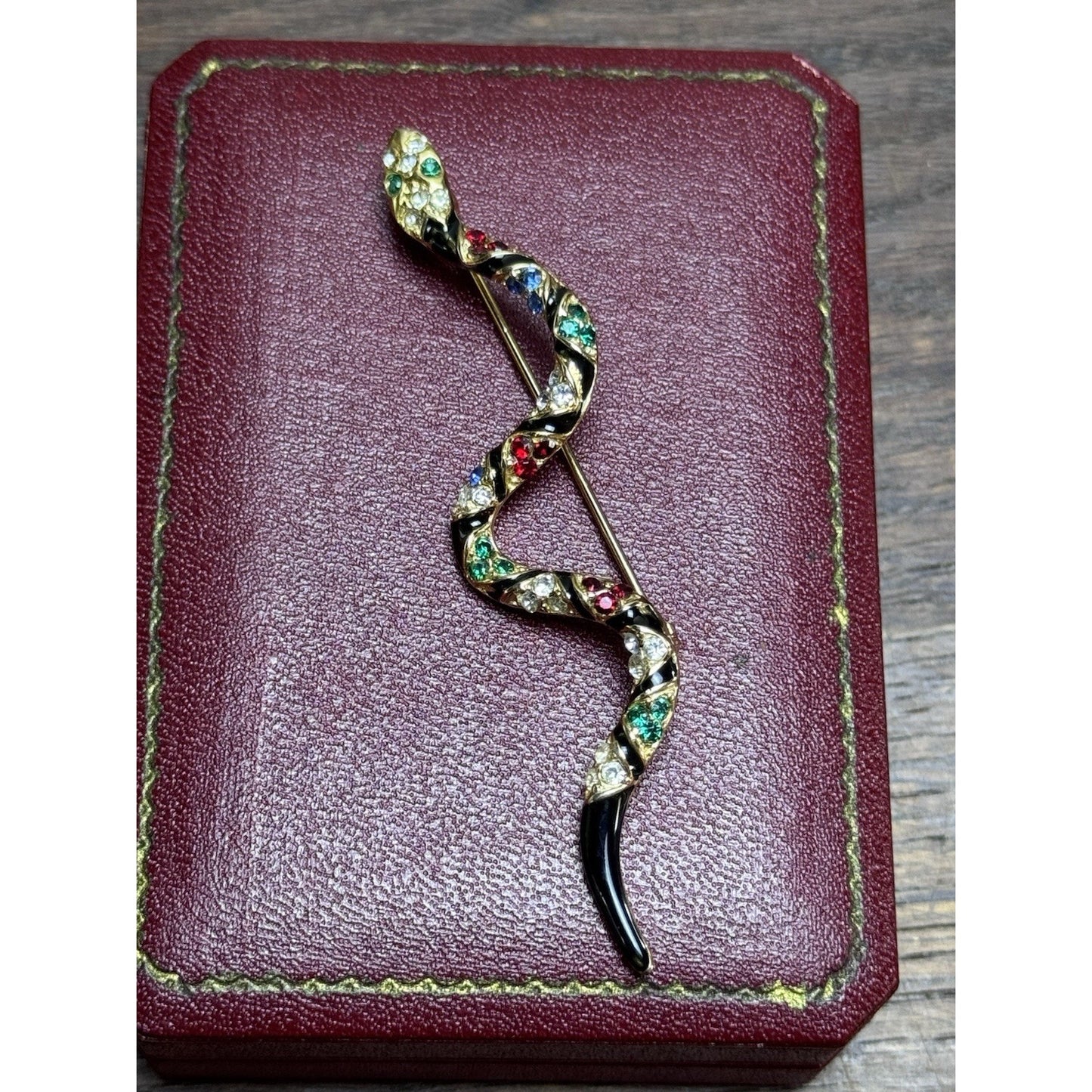 Vintage Serpent Brooch Victorian Revival Rhinestone Black Enamel Snake Pin 3.25”