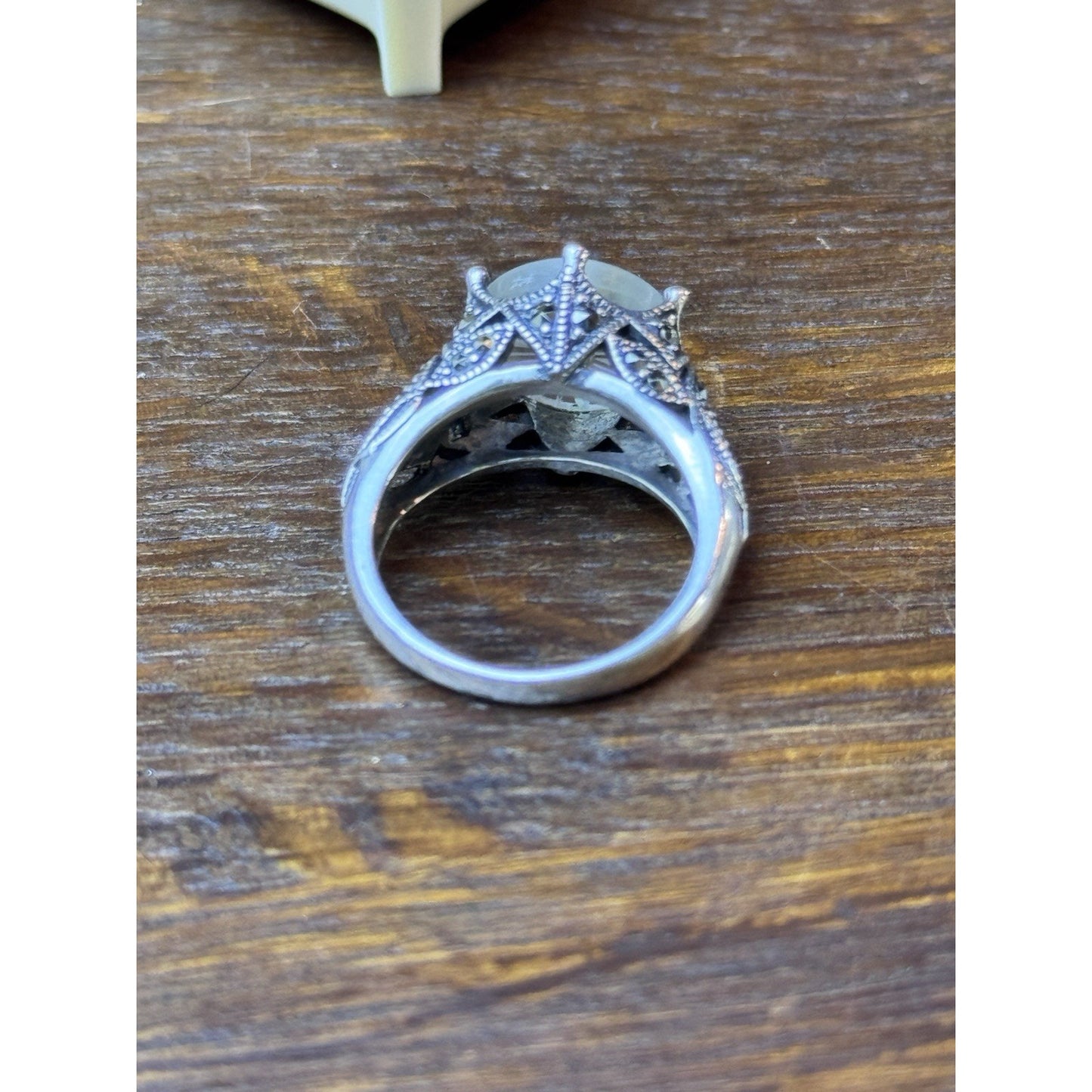 Sterling Silver Camphor Glass Marcasite Ring Size 6.75 Art Deco Style