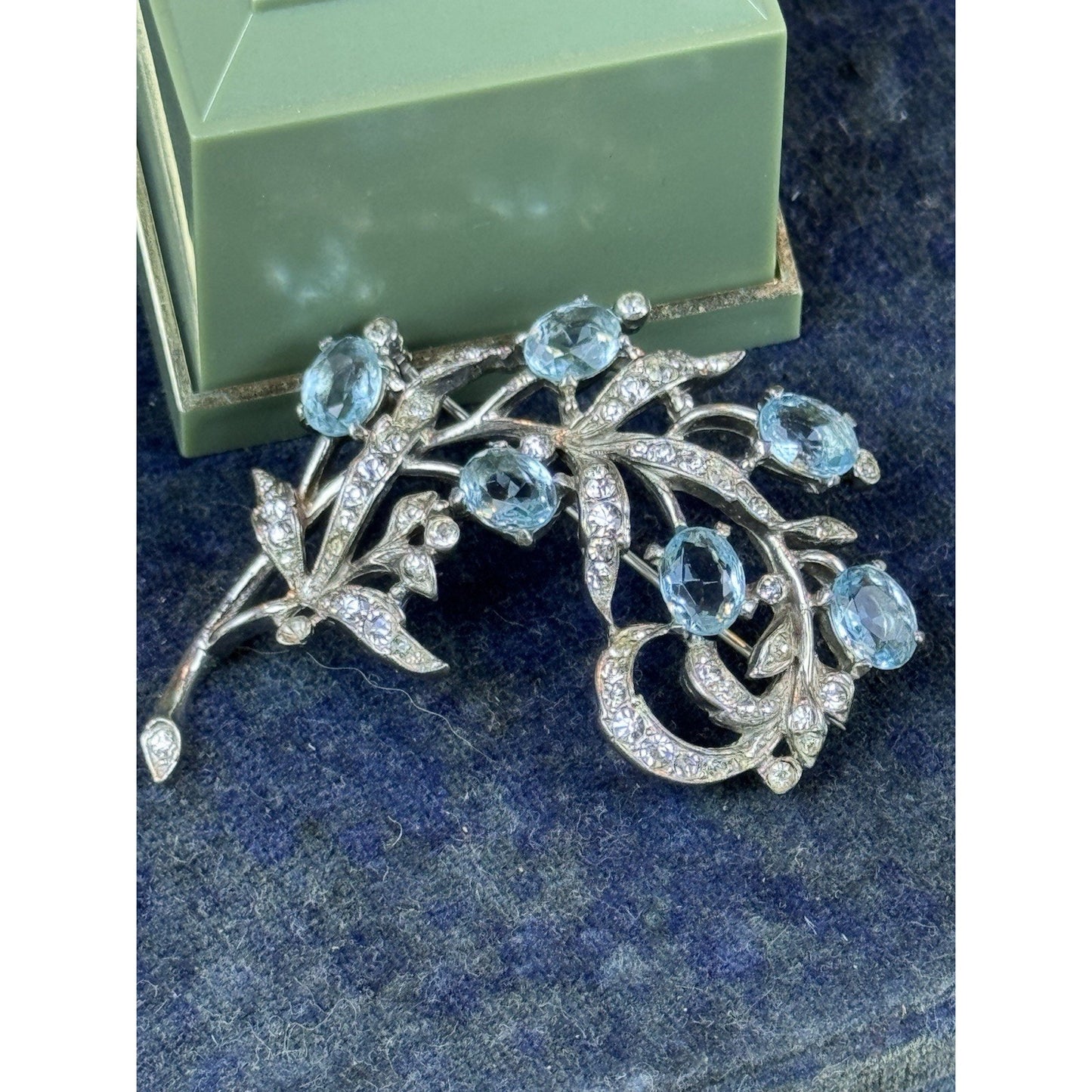 Vintage Trifari Sterling Brooch Aqua Blue Clear Rhinestone Floral Spray 2”