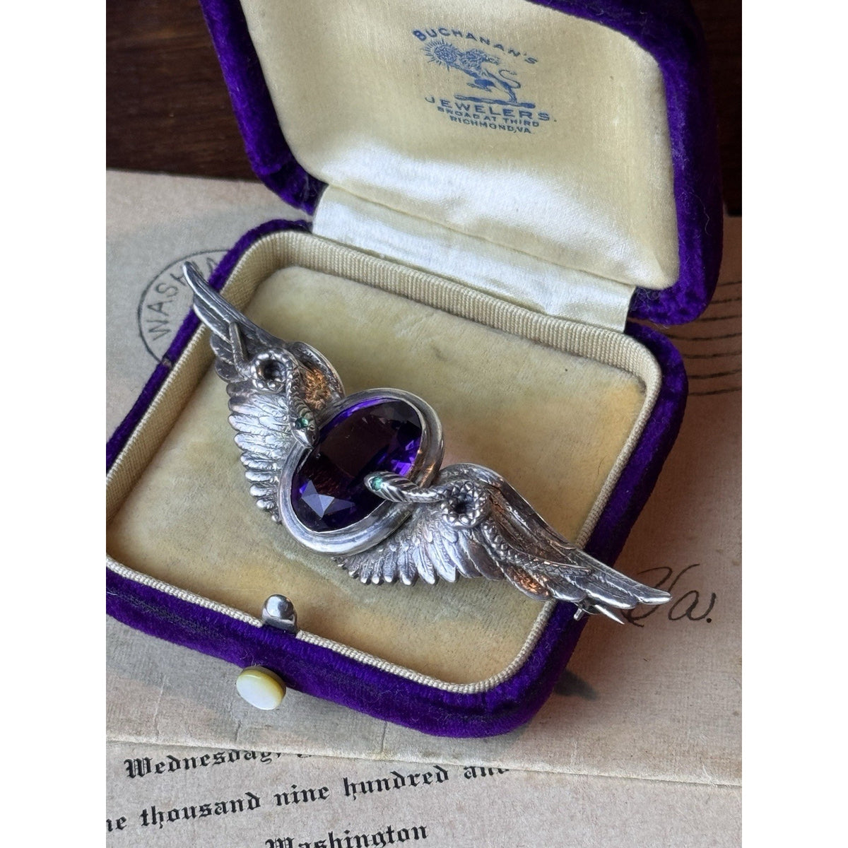 Sterling Isis Brooch Egyptian Revival Purple & Green Stones 3” x .75”