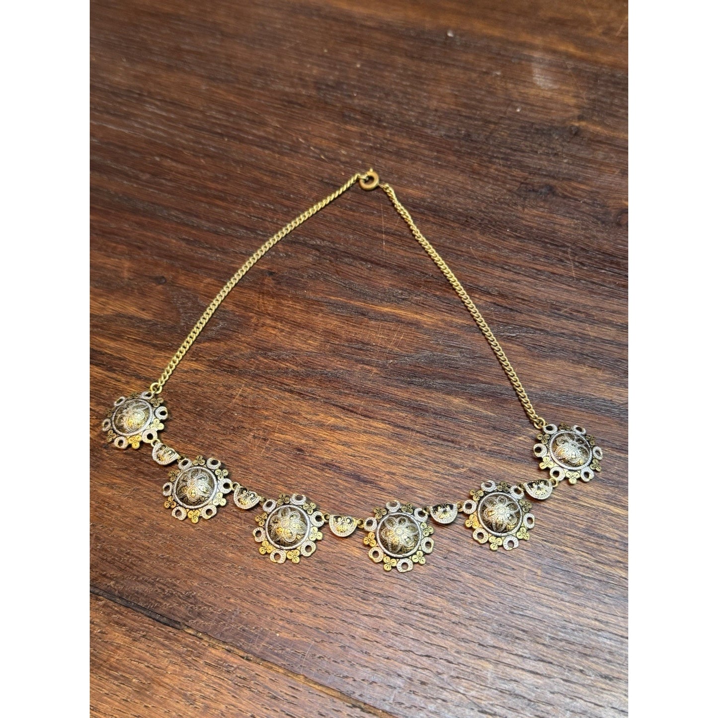 Vintage Damascene Necklace Toledo Spain Gold & Silver Tone Floral