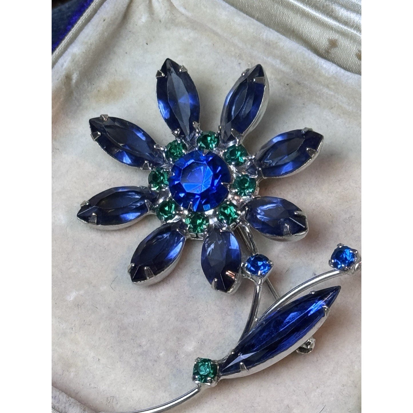 Vintage Blue & Green Rhinestone Flower Brooch Silver Tone Floral Pin 2.5”
