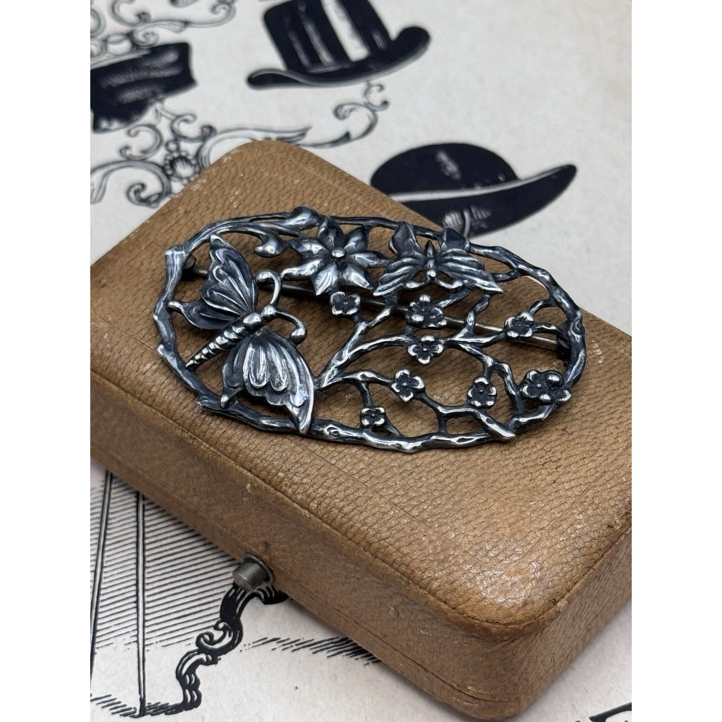 CFO Danecraft Brooch Sterling Butterfly Floral Openwork Signed 2.25”