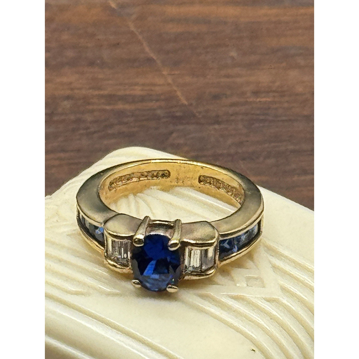 Goldplated Ring Blue Rhinestone Oval Baguette Cocktail Statement Size 7.75