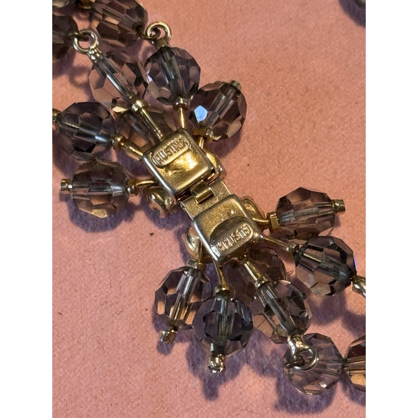 Vintage Austrian Crystal Bead Necklace Signed Gray Blue Faceted Beads 16”