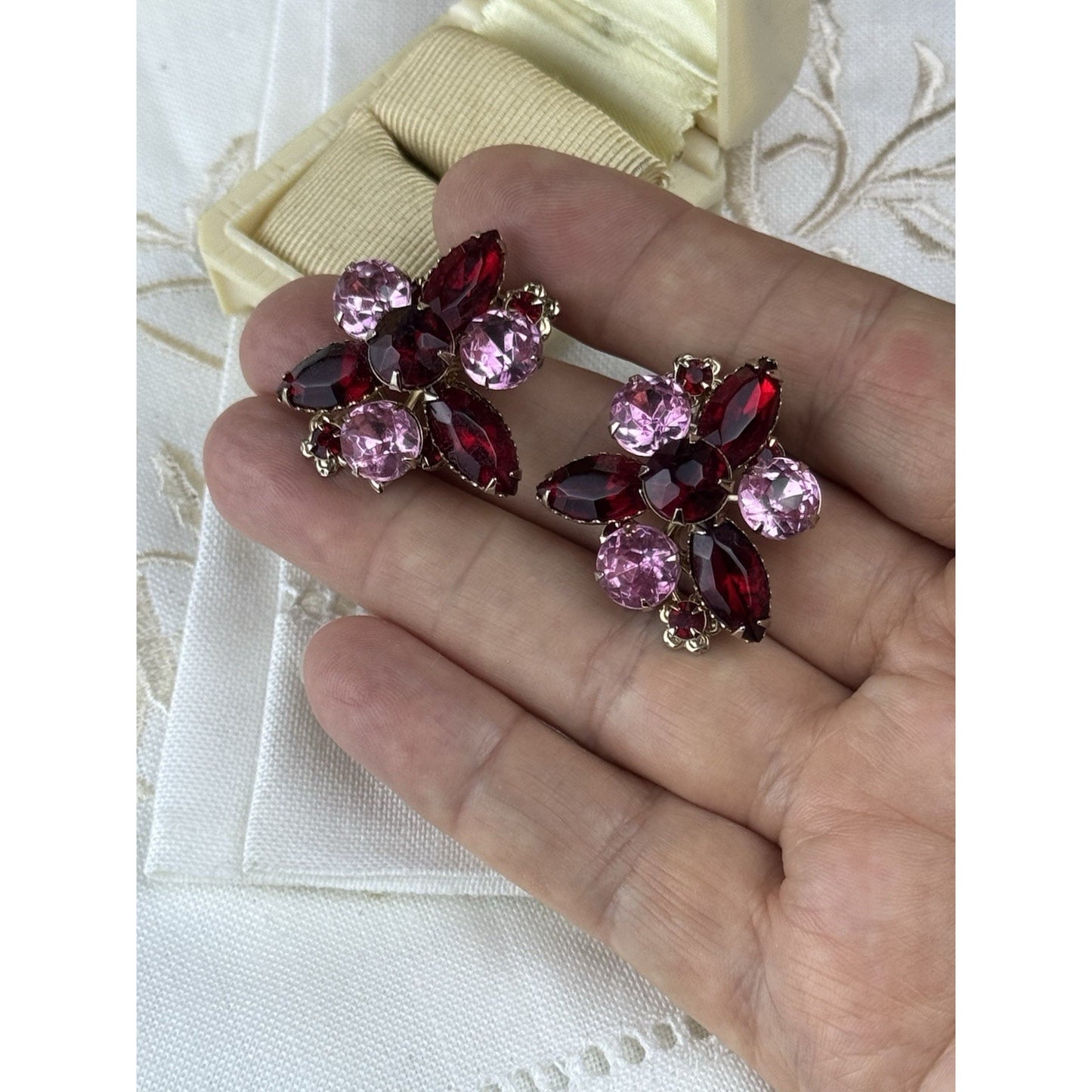 Vintage Clip Earrings Rhinestone Pink Burgundy Red Floral Goldtone 1” Cluster