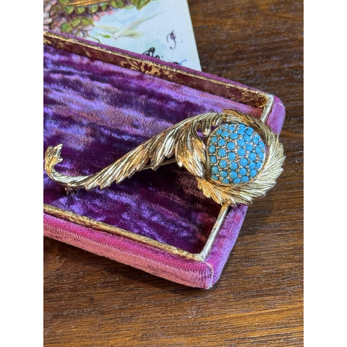 Signed Hattie Carnegie Brooch Goldtone Feather Turquoiseblue Glass 2.5”