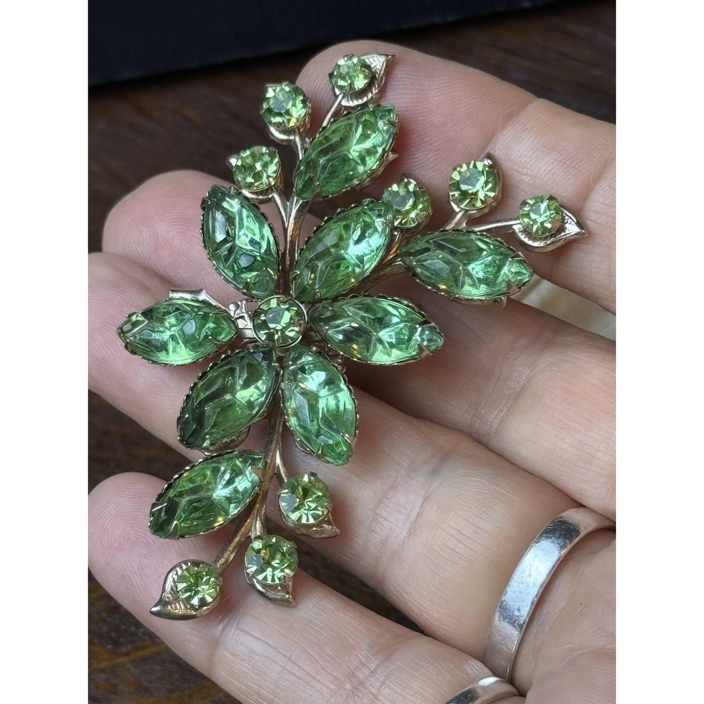 Green Brooch Lucite Rhinestone Goldtone Floral Spray Pin 2.75” VINTAGE