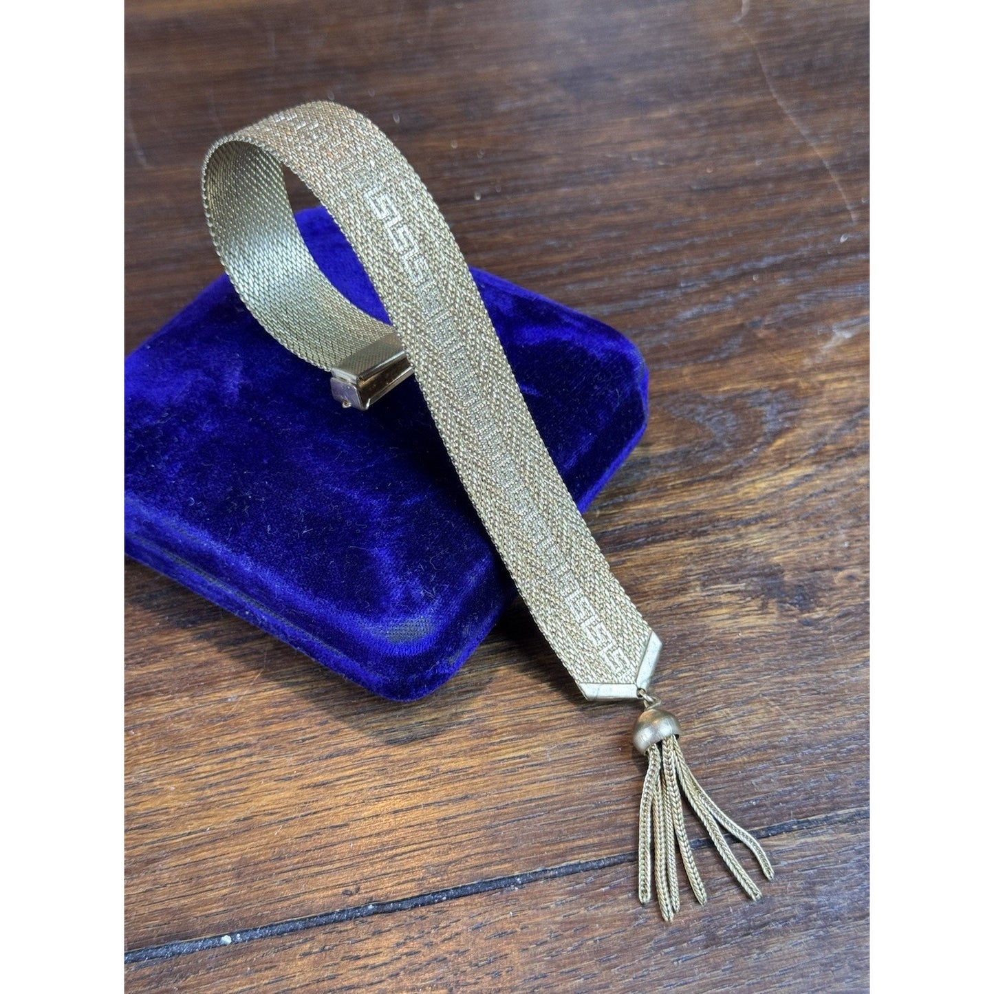 Goldtone Greek Key Bracelet Mesh Belt Tassel Adjustable 7”+ VINTAGE