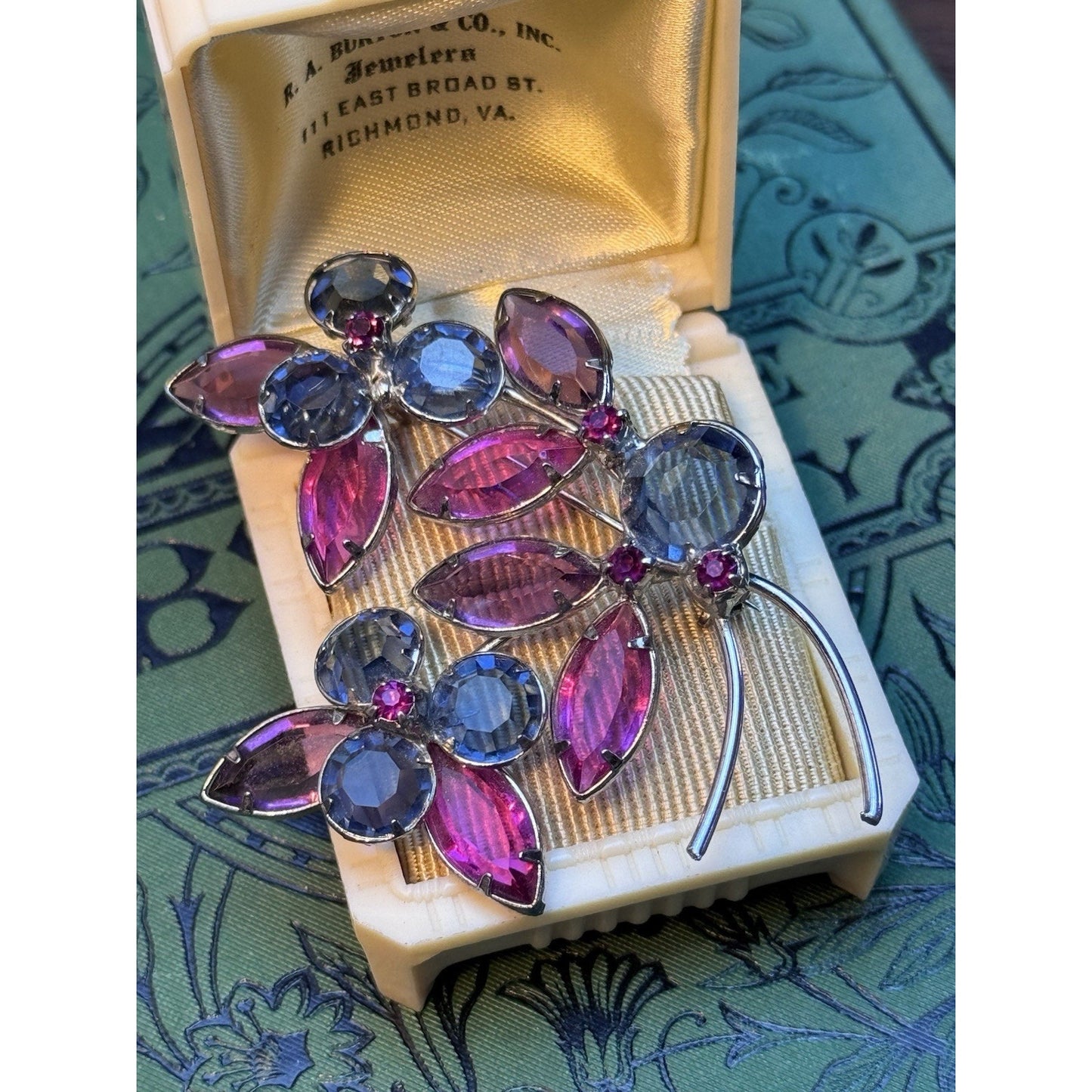 Vintage Blue Pink Rhinestone Flower Brooch Duo Set Silver Tone Floral Pins