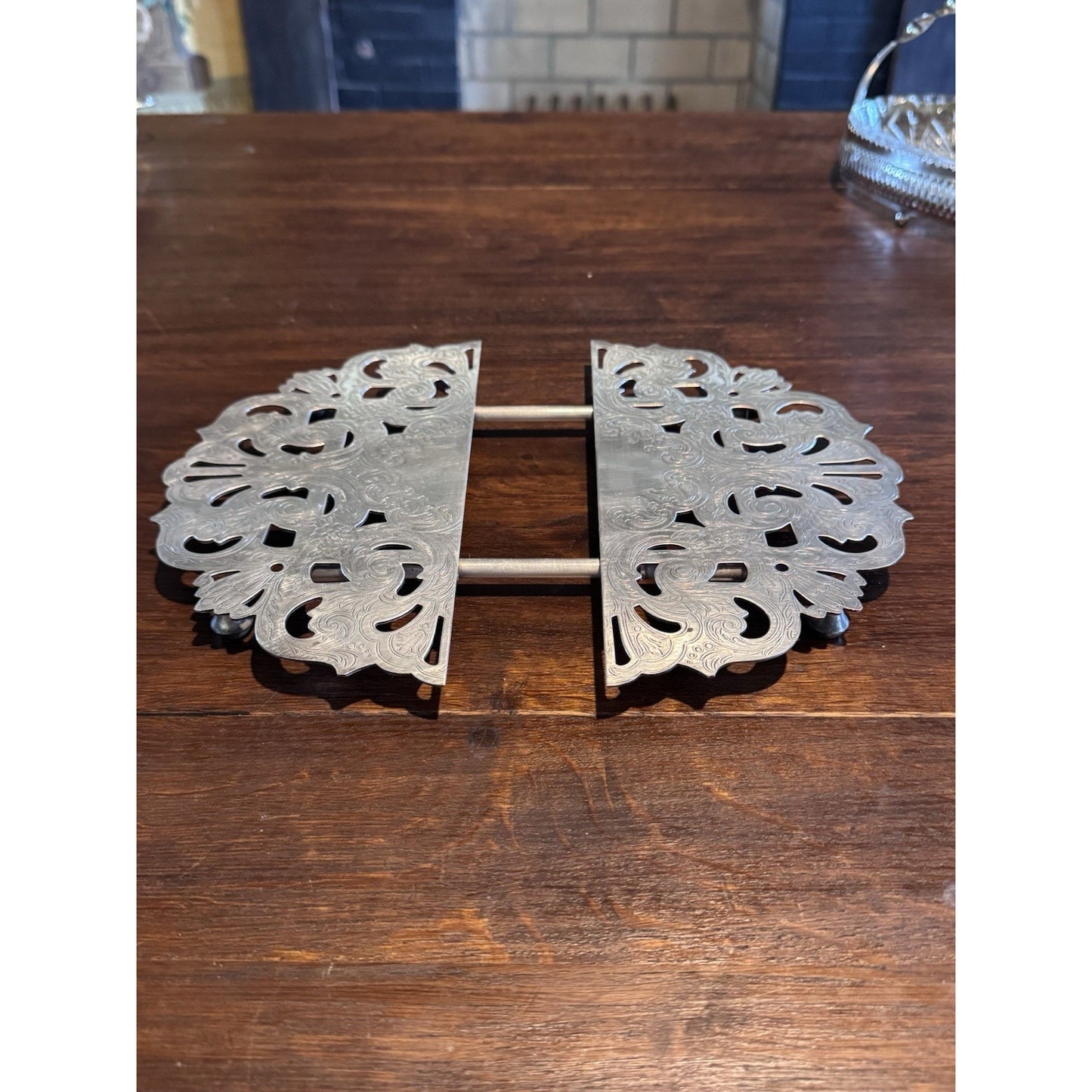Silverplate Expandable Trivet Footed Serving Dish Stand Pierced VINTAGE