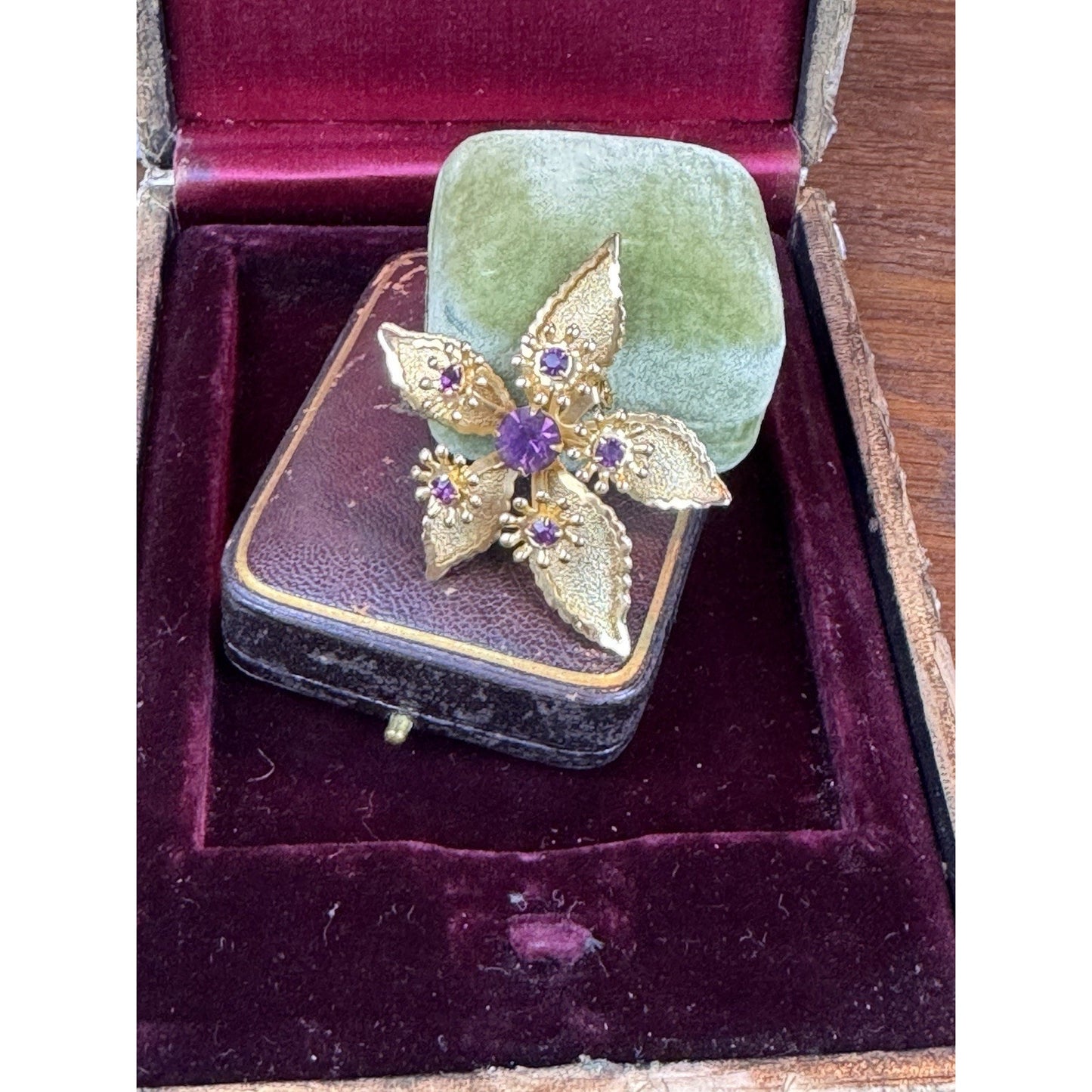 Vintage Purple Rhinestone Brooch Goldtone Flower Floral Statement Jewelry Pin 2”