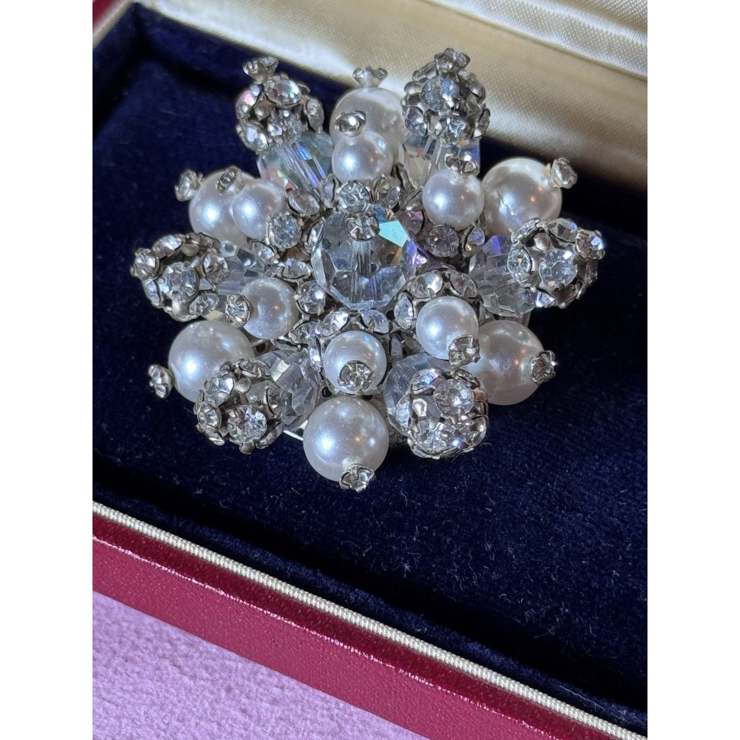 Vintage Brooch Faux Pearl Rhinestone Cluster Silvertone Crystal Bead Pin