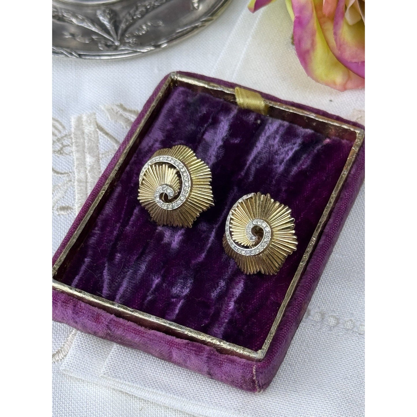 Vintage Trifari Clip Earrings Crown Trifari Goldtone Rhinestone Swirl .75”