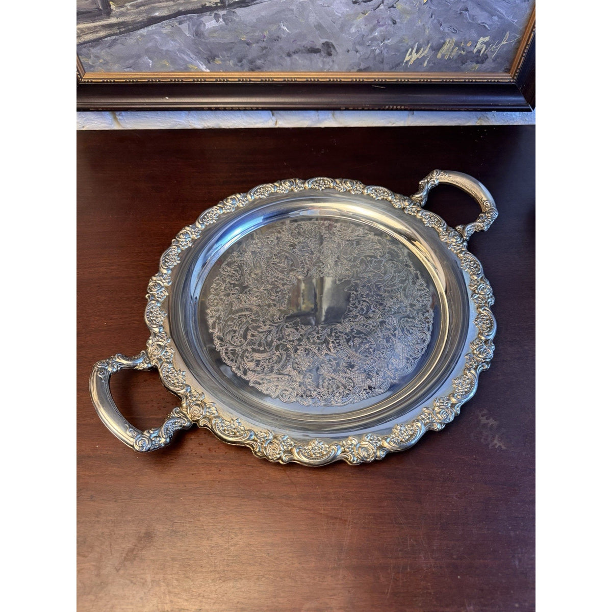 Silverplate Round Serving Tray Rose Border Handled Elegant Tableware
