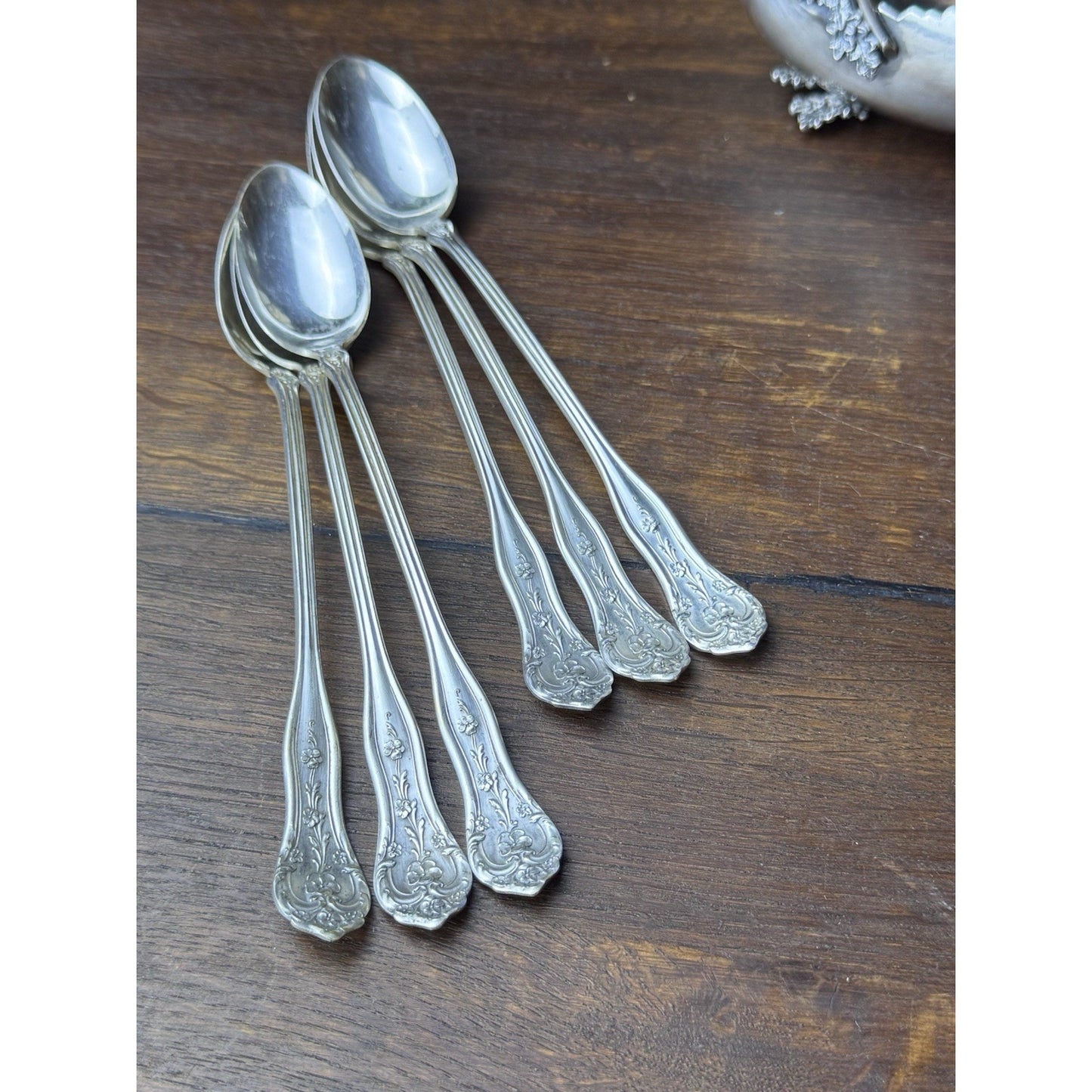 Vintage Extra Coin Silver Plate Iced Tea Spoons Set 6 Floral 7.5”