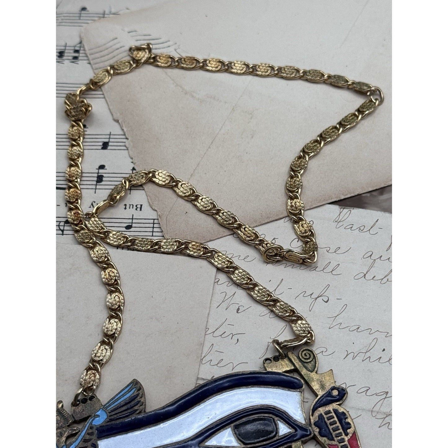 Vintage Egyptian Revival Eye of Horus Enamel Brass Statement Necklace 24”