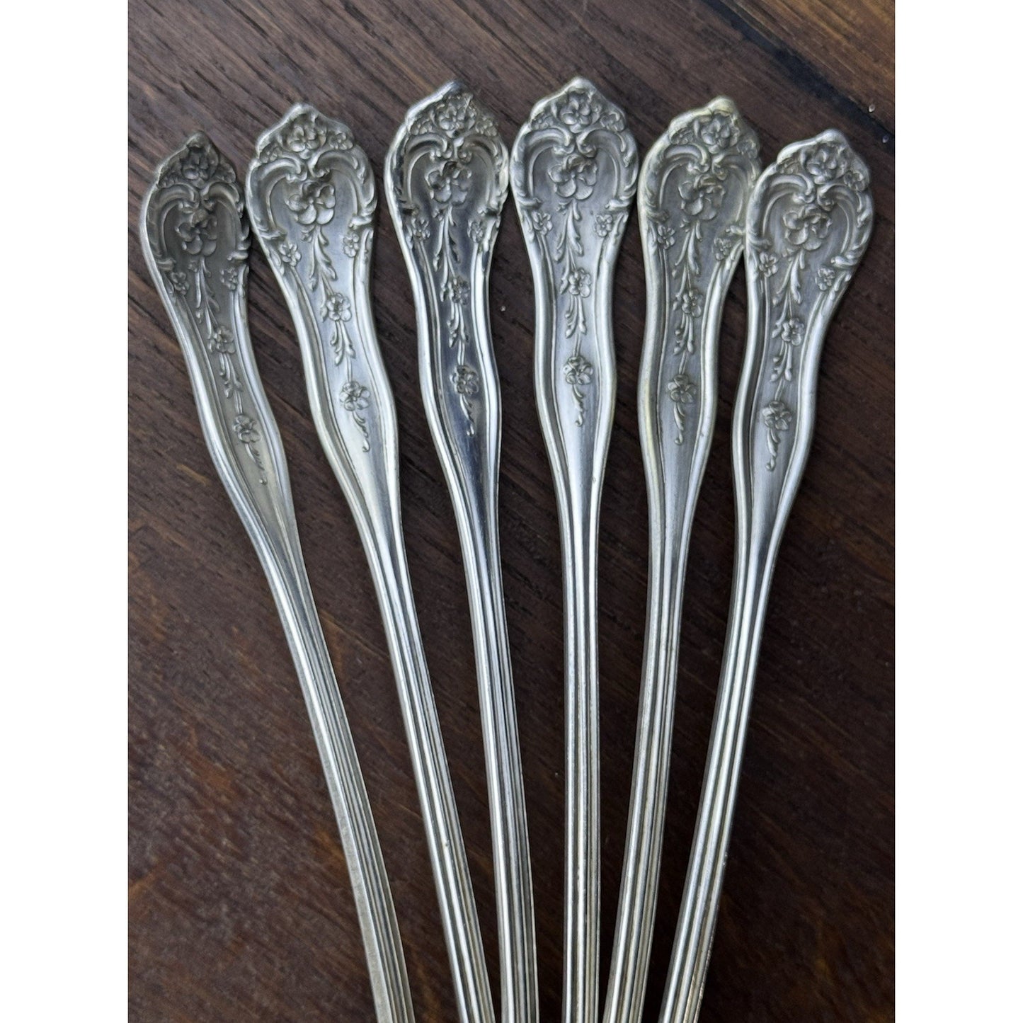 Vintage Extra Coin Silver Plate Iced Tea Spoons Set 6 Floral 7.5”