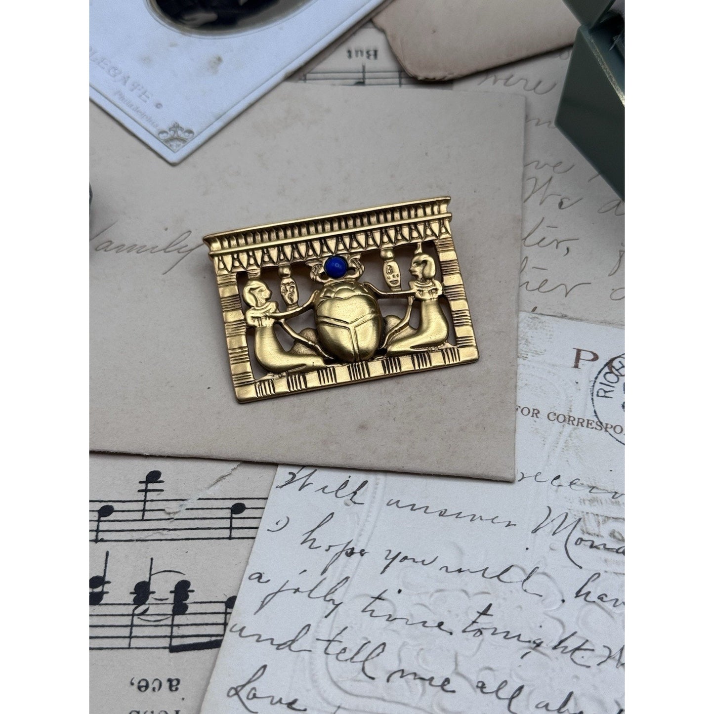 Egyptian Revival Goldtone Scarab Brooch Blue Cabochon 1.75” ESTATE FIND