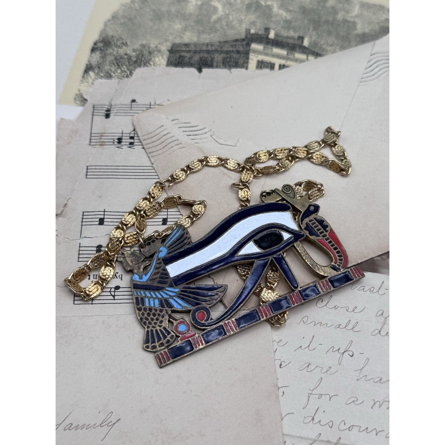 Vintage Egyptian Revival Eye of Horus Enamel Brass Statement Necklace 24”